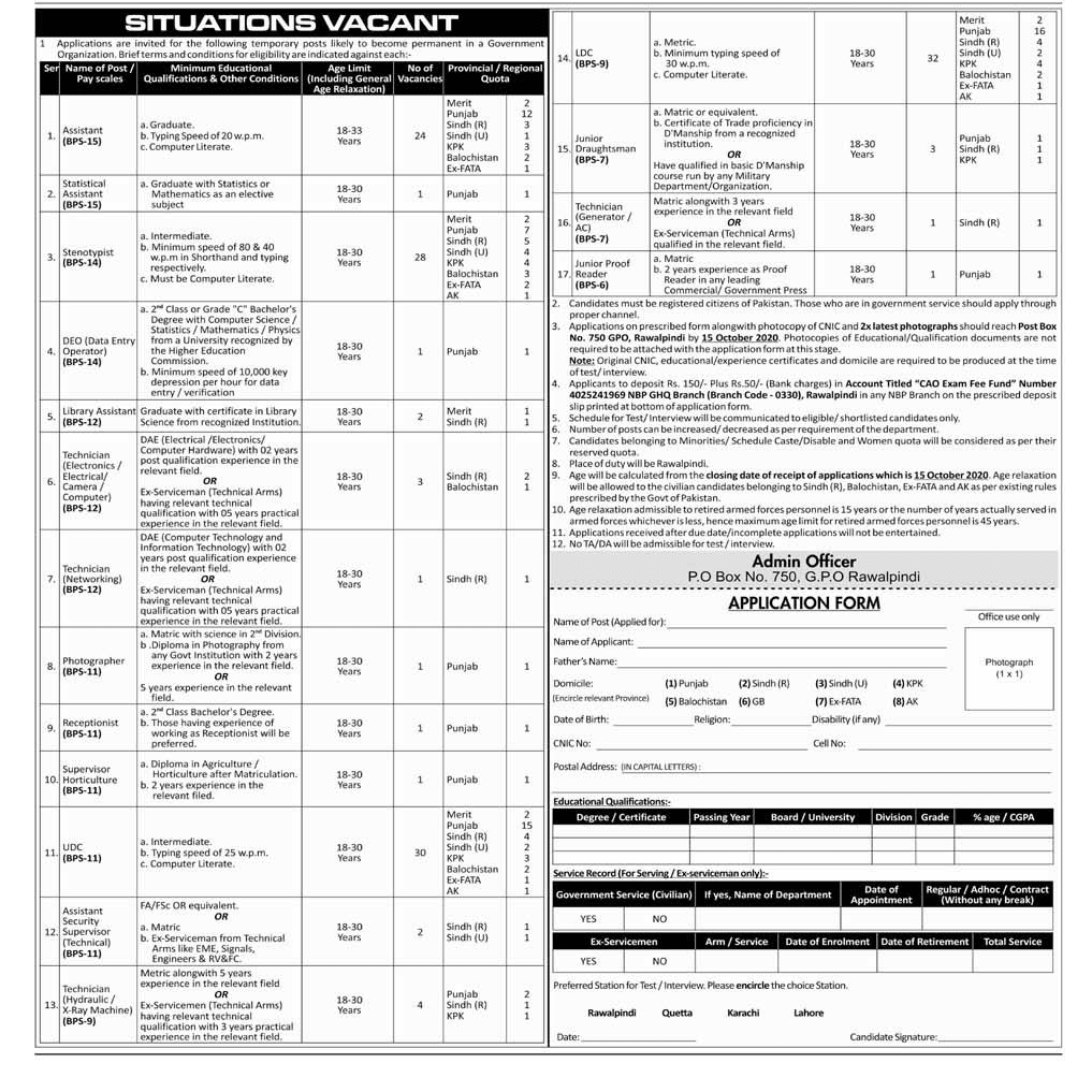 Pakistan Army GHQ PO BOX 750 Jobs September 2020